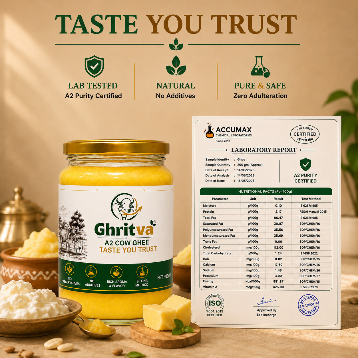 Desi Cow Ghee 500ml | Traditional Bilona Method | Pure, Natural, Aromatic & Danedaar | NABL Lab Tested (70+ Quality Tests)